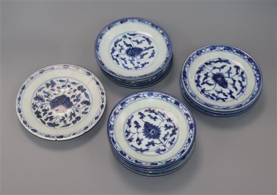 Eleven Chinese blue and white plates, 18th century largest diameter 16cm